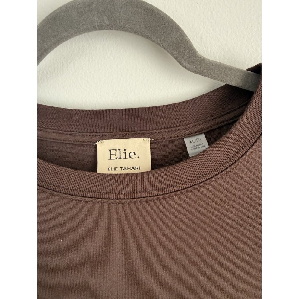Elie Tahari 100% Cotton Brown Puff Sleeve Boxy Top Basics Minimalist Neutral XL - Picture 7 of 9